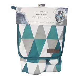 Eco One Ultimate Bakers Collection Apron Pot Holder Oven Mitt Green Diamond Prin